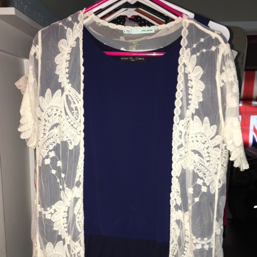 Blue top with white lacy overthrow